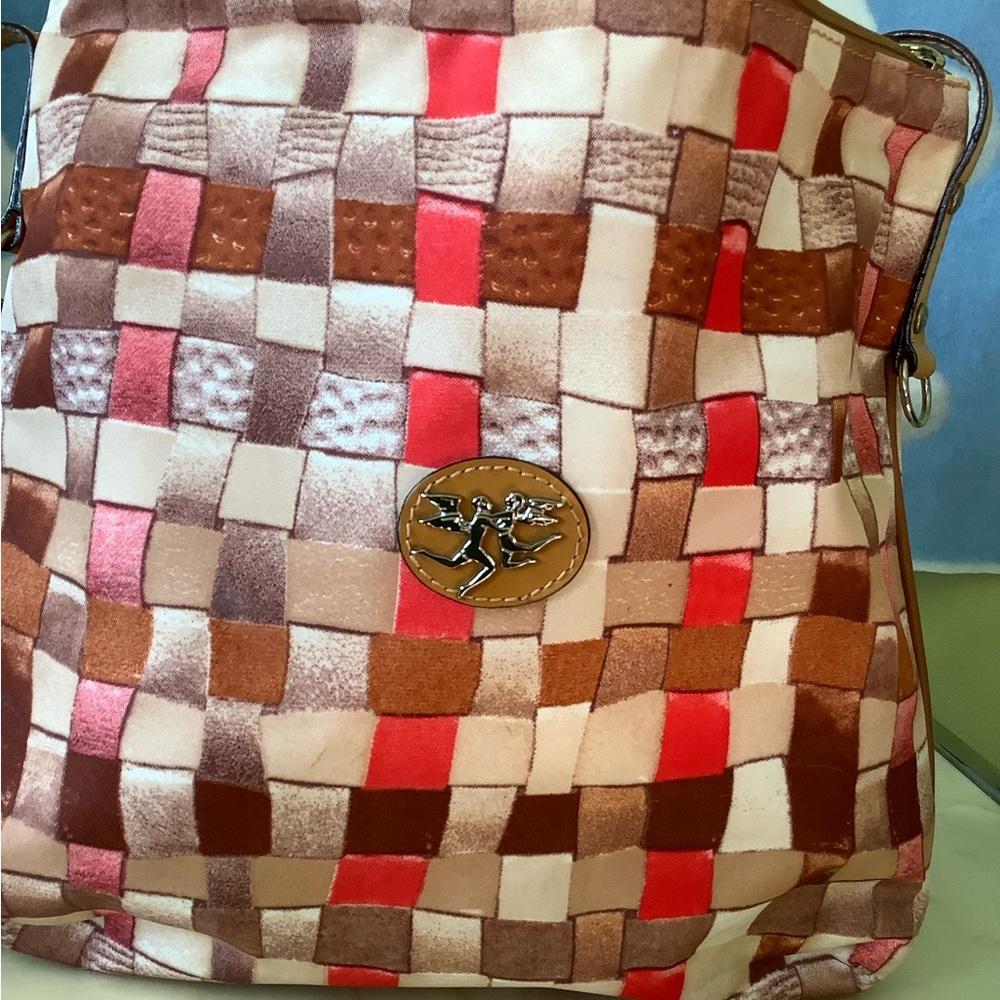 Beige and Brown Woven Shoulder Bag with Checkered Pattern